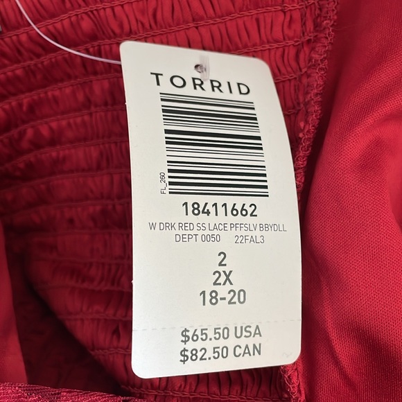 New Torrid Dark Red Lace Short Sleeve Babydoll Top Size 2X - Picture 8 of 12